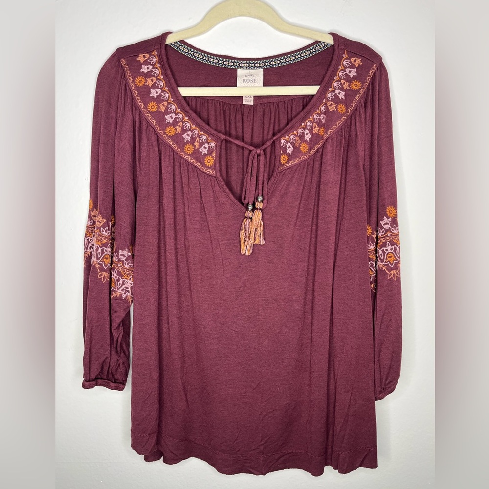 Knox Rose Maroon Embroidered Peasant Top
